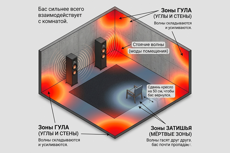 Почему бас дома гудит или пропадает