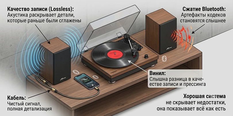 Источник и качество записи тоже слышнее на хороших колонках
