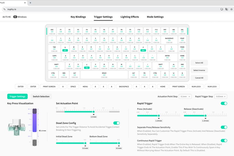 Настройка точки срабатывания и функция Rapid Trigger