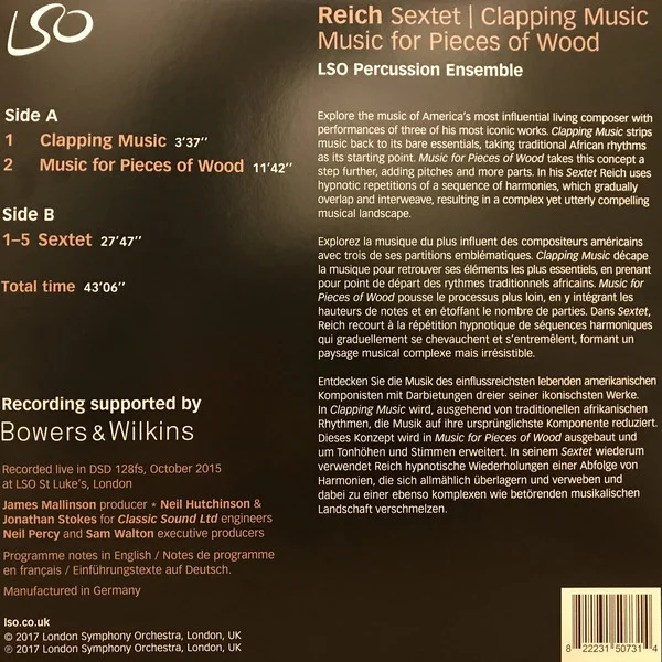 Виниловая пластинка Steve Reich; LSO Percussion Ensemble - Sextet | Clapping Music | Music For Pieces Of Wood - рис.1