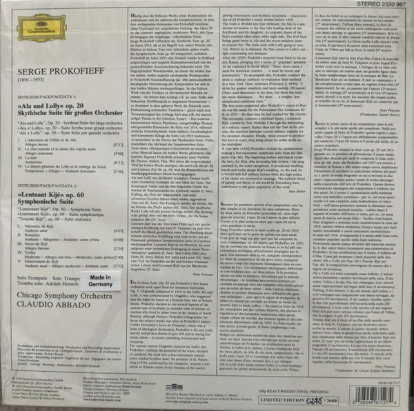 Виниловая пластинка Abbado, Claudio Prokofiev - Leutnant Kije-Suite, Scythian Suite - LP - рис.1