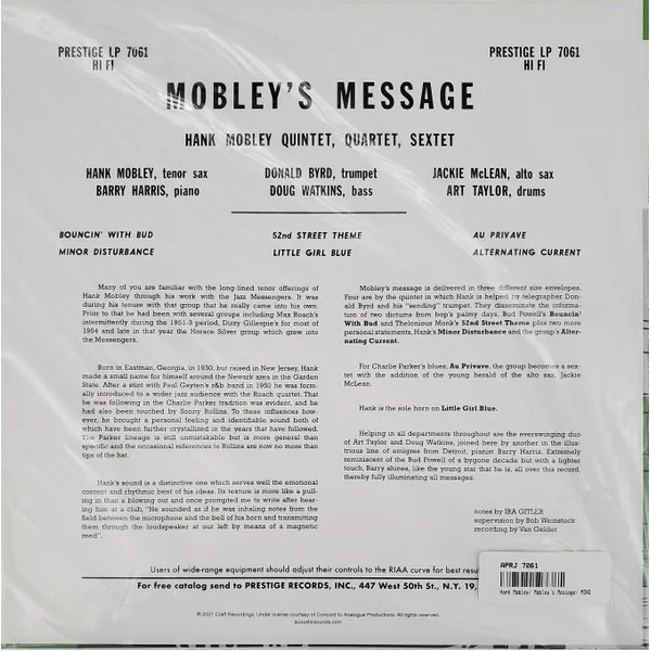 Виниловая пластинка Hank Mobley - Mobley's Message - (Analogue productions) LP - рис.1