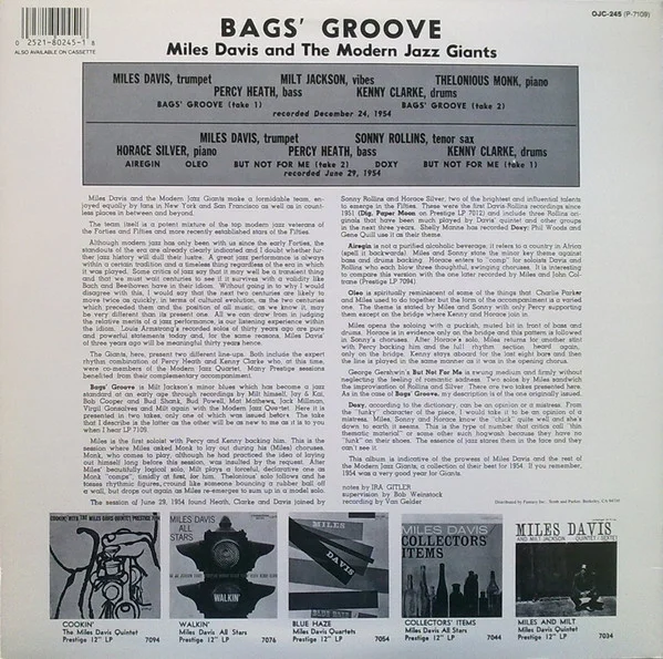 Виниловая пластинка Miles Davis – Bags Groove (Original Jazz Classics) LP - рис.1