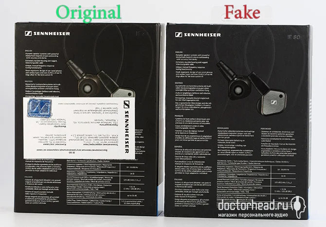 упаковка оригинала и подделки sennheiser ie 80 в обзоре doctorhead.ru