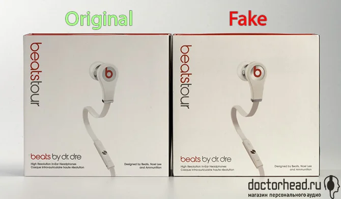 коробки оригинала и подделки Beats by dr. Dre Tour в обзоре doctorhead.ru