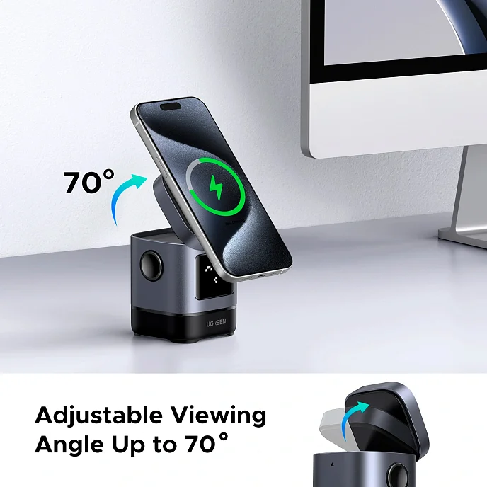 Зарядное устройство UGREEN W709 UNO 2-in-1 Robot Magnetic 20W for iPhone/AirPods Grey - рис.4