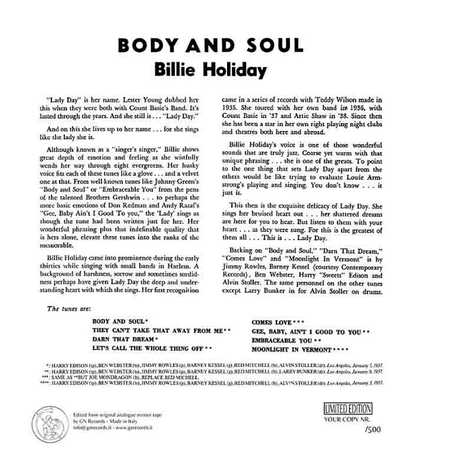 Виниловая пластинка Billie Holiday - Body & Soul LP - рис.1