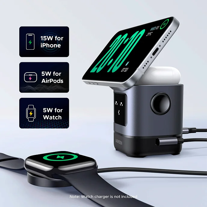 Зарядное устройство UGREEN W709 UNO 2-in-1 Robot Magnetic 20W for iPhone/AirPods Grey - рис.3
