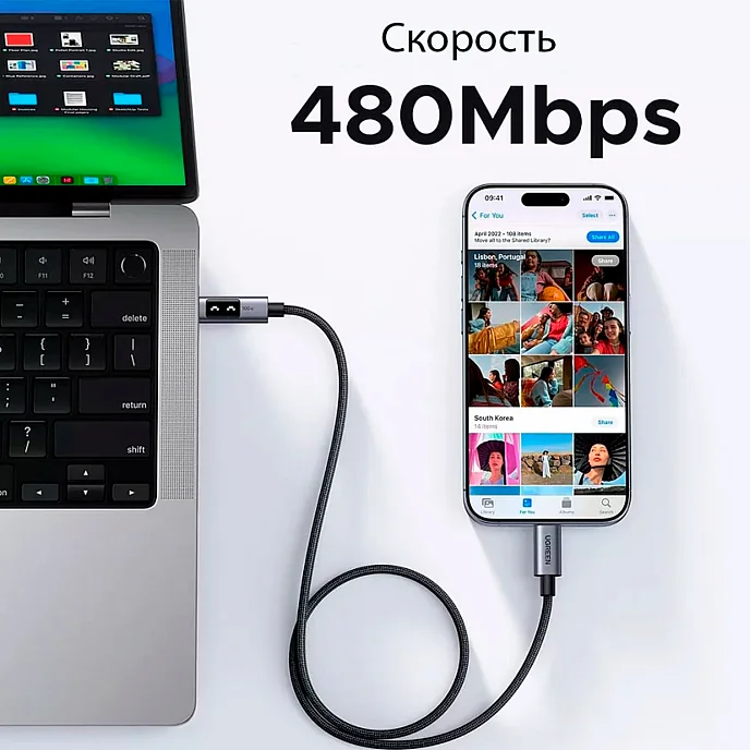 Кабель UGREEN L509 Black/Grey USB-C/USB-C Robot 2m - рис.2