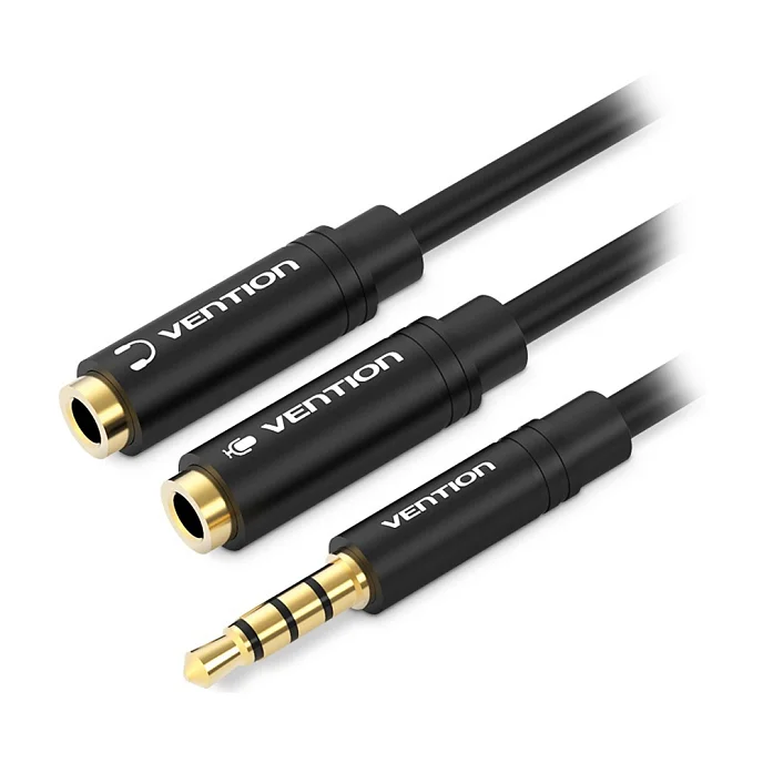 Кабель Vention 3.5mm Male 4pin - 2x3.5mm Female Black 0.3m - рис.0