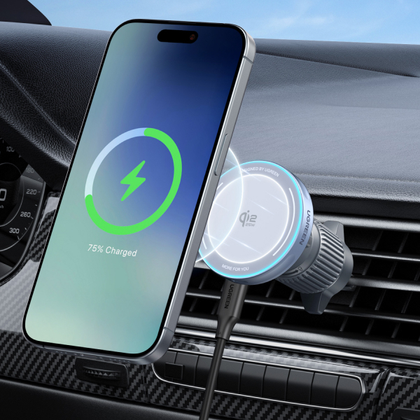 Беспроводная зарядная панель Ugreen W758 MagFlow 25W Magnetic Qi2.2 Wireless Car Charger Silver - рис.3
