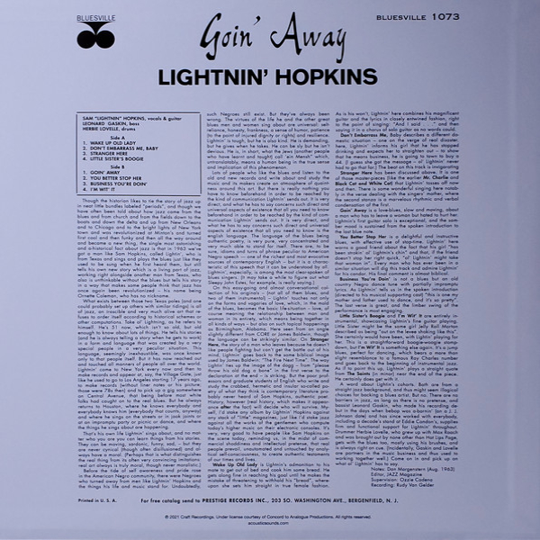Виниловая пластинка Lightnin' Hopkins - Goin' Away (Analogue) LP - рис.1