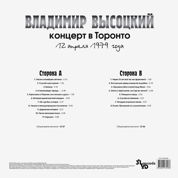Виниловая пластинка Владимир Высоцкий ‎– Концерт В Торонто LP - рис.1