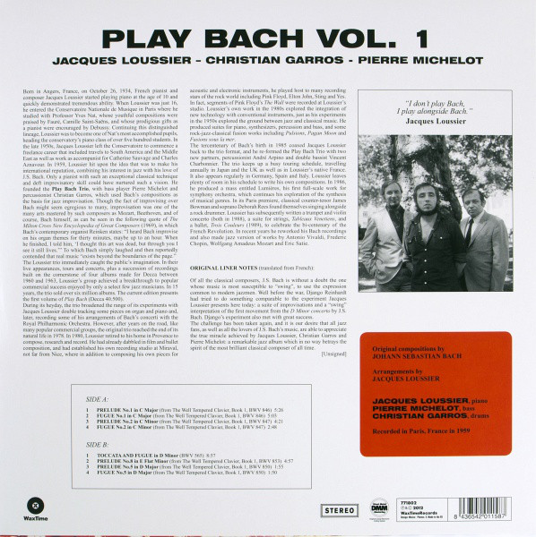 Виниловая пластинка Jacques Loussier; Christian Garros; Pierre Michelot - Play Bach No.1 - рис.1