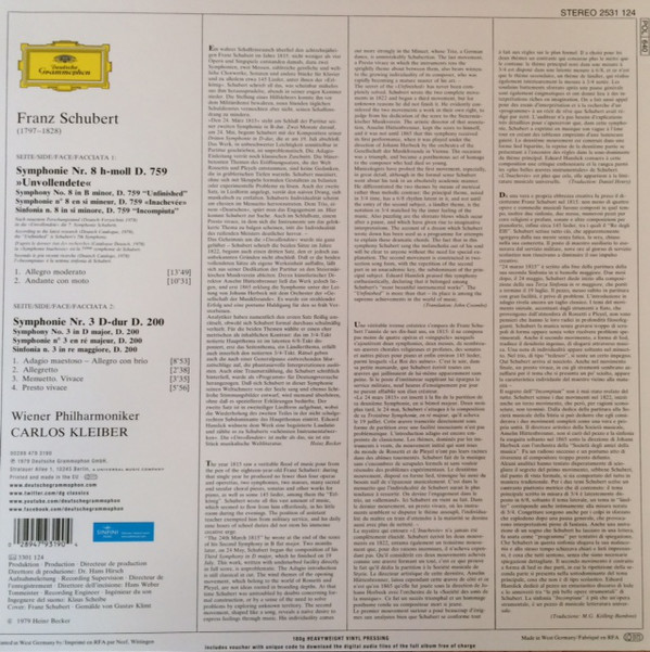 Виниловая пластинка Carlos Kleiber; Wiener Philharmoniker; Franz Schubert - Symphonien Nos.3 & 8 - рис.1