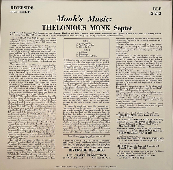 Виниловая пластинка Thelonious Monk Septet – Monk's Music (Analogue) LP - рис.1