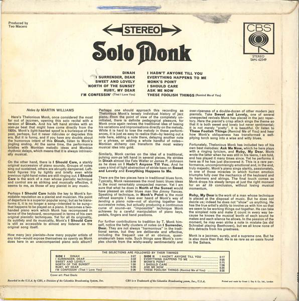 Виниловая пластинка THELONIOUS MONK SOLO MONK LP - рис.1