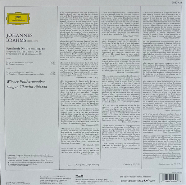 Виниловая пластинка Johannes Brahms, Wiener Philharmoniker, Claudio Abbado – Symphonie Nr. 1 LP - рис.1