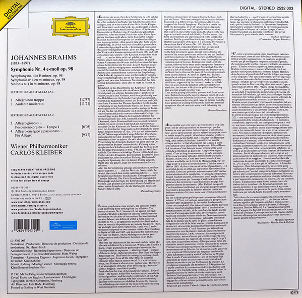 Виниловая пластинка Johannes Brahms; Wiener Philharmoniker; Carlos Kleiber - Symphonie No. 4 - рис.1