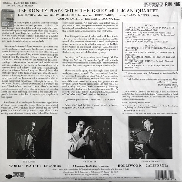 Виниловая пластинка Lee Konitz Plays With The Gerry Mulligan Quartet LP - рис.1