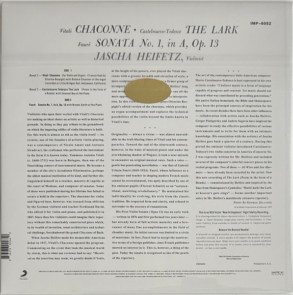 Виниловая пластинка Jascha Heifetz – The Lark LP - рис.1
