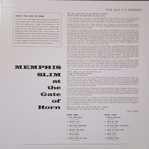 Виниловая пластинка Memphis Slim - Memphis Slim At The Gate Of Horn LP - рис.2