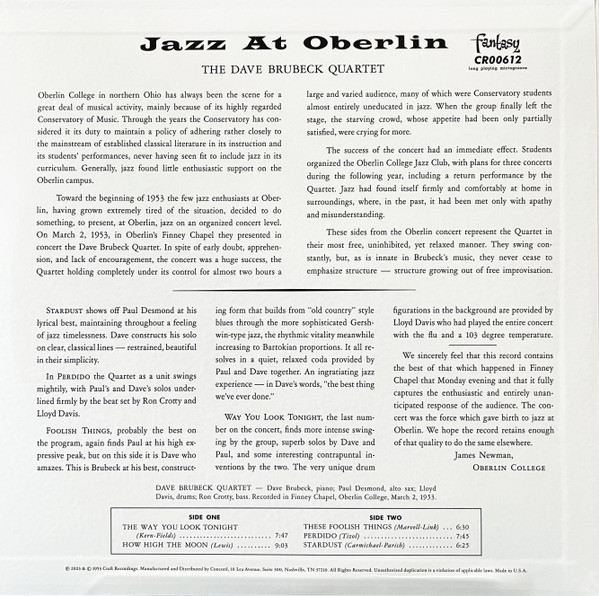 Виниловая пластинка The Dave Brubeck Quartet – Jazz At Oberlin LP - рис.1