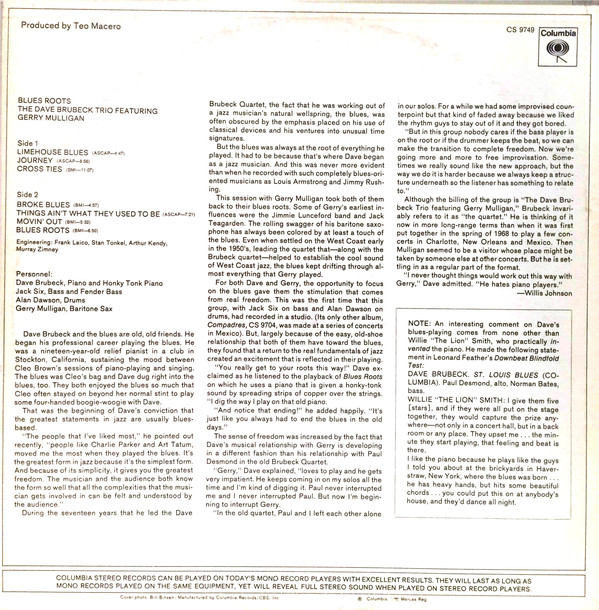 Виниловая пластинка The Dave Brubeck Trio; Gerry Mulligan - Blues Roots - рис.1