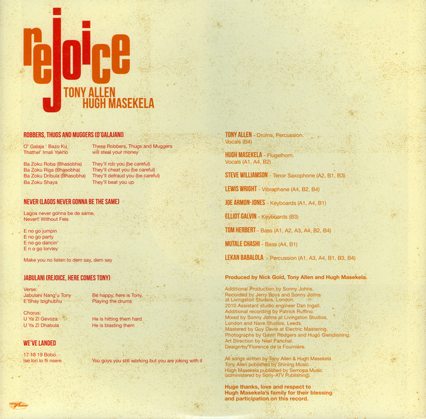 Виниловая пластинка Tony Allen And Hugh Masekela – Rejoice LP - рис.2