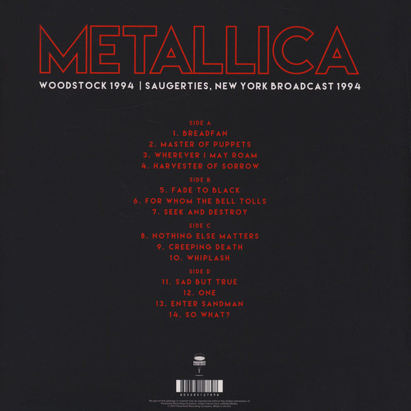 Виниловая пластинка Metallica - Woodstock 1994 | Saugerties, New York Broadcast 1994 - рис.1