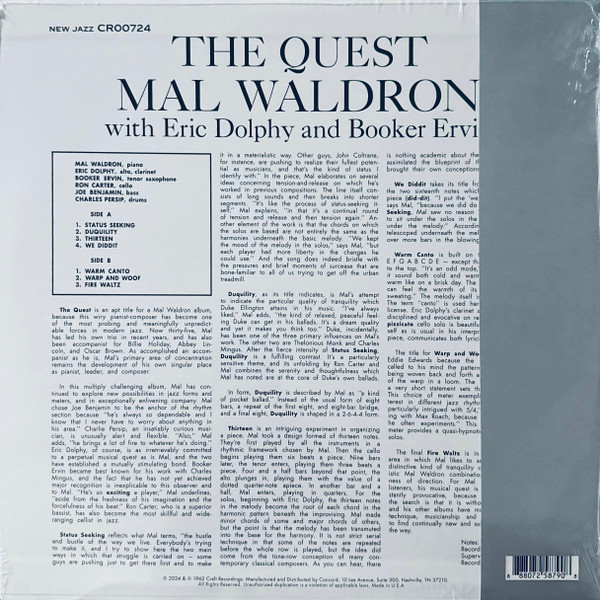 Виниловая пластинка Mal Waldron With Eric Dolphy And Booker Ervin – The Quest LP - рис.1