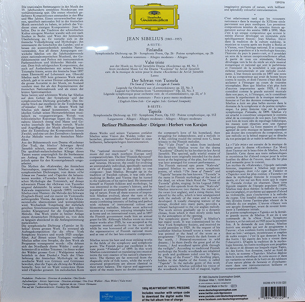Виниловая пластинка Jean Sibelius; Berliner Philharmoniker; Herbert von Karajan - Finlandia · Valse Triste · Der Schwan Von Tuonela • Tapiola - рис.1