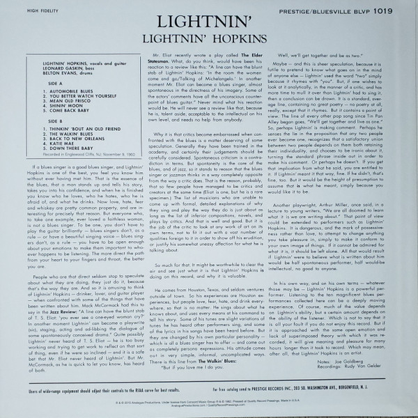 Виниловая пластинка Lightnin Hopkins - Lightnin (The Blues Of Lightnin Hopkins) (Analogue) LP - рис.1