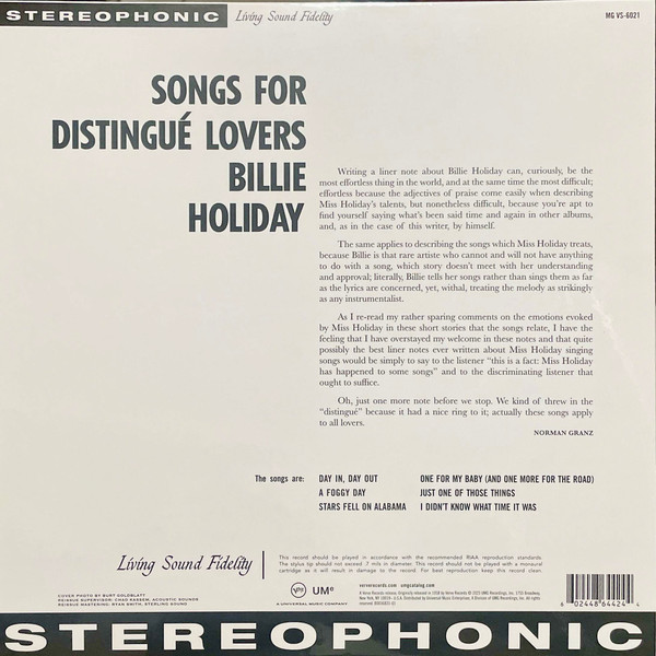 Виниловая пластинка Billie Holiday – Songs For Distingue Lovers LP - рис.1
