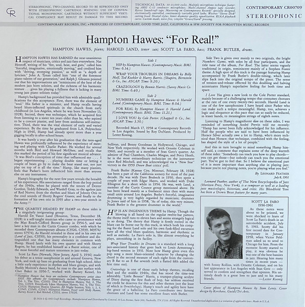 Виниловая пластинка Hampton Hawes – For Real! - Acoustic Sounds - LP - рис.1