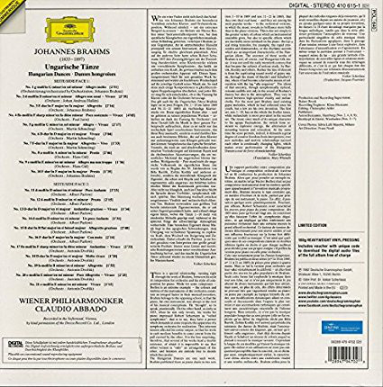 Виниловая пластинка JOHANNES BRAHMS, WIENER PHILHARMONIKER, CLAUDIO ABBADO 21 HUNGARIAN DANCES - рис.1