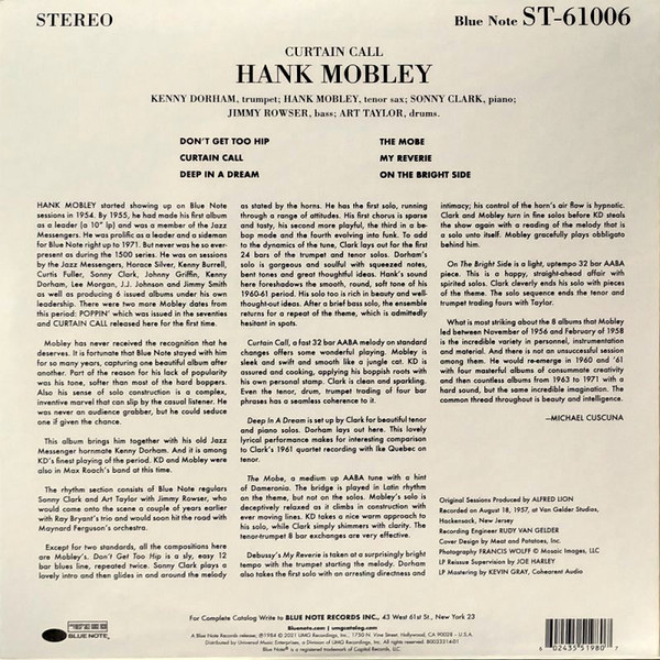 Виниловая пластинка Hank Mobley Featuring Kenny Dorham & Sonny Clark – Curtain Call LP - рис.3