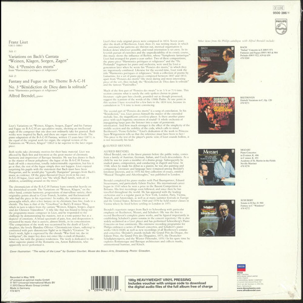 Виниловая пластинка Liszt; Alfred Brendel - Variations on Weinen, Klagen, Sorgen, Zagen Pens?es Des Morts Fantasy And Fugue on B-A-C-H B?n?diction De Dieu Dans La Solitude - рис.1