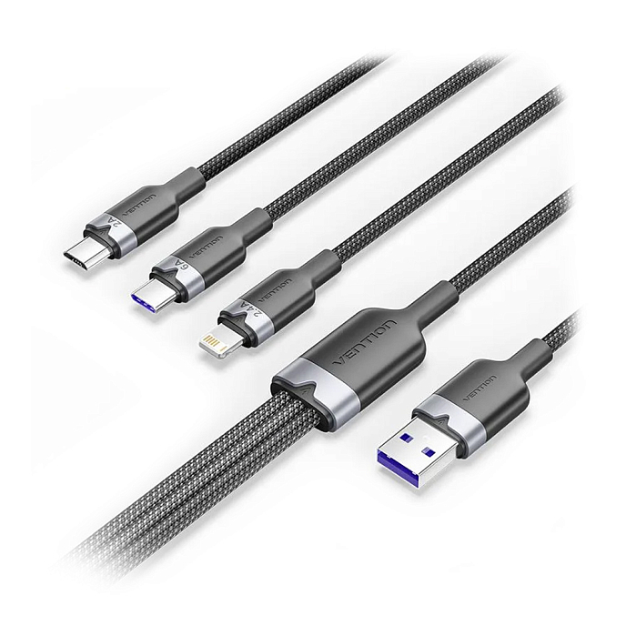 Кабель Vention 3in1 USB-A 2.0 - microUSB/USB-C/Lightning 6A Black 1.5m - рис.0