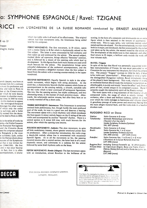 Виниловая пластинка Lalo; Ravel; Ricci; L'Orchestre De La Suisse Romande; Ansermet - Symphonie Espagnole Tzigane - рис.2