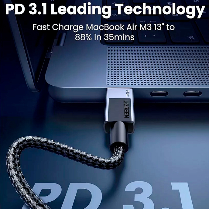 Кабель UGREEN L513 Data Cable (240W Max) USB-C/USB-C Black 2m - рис.3