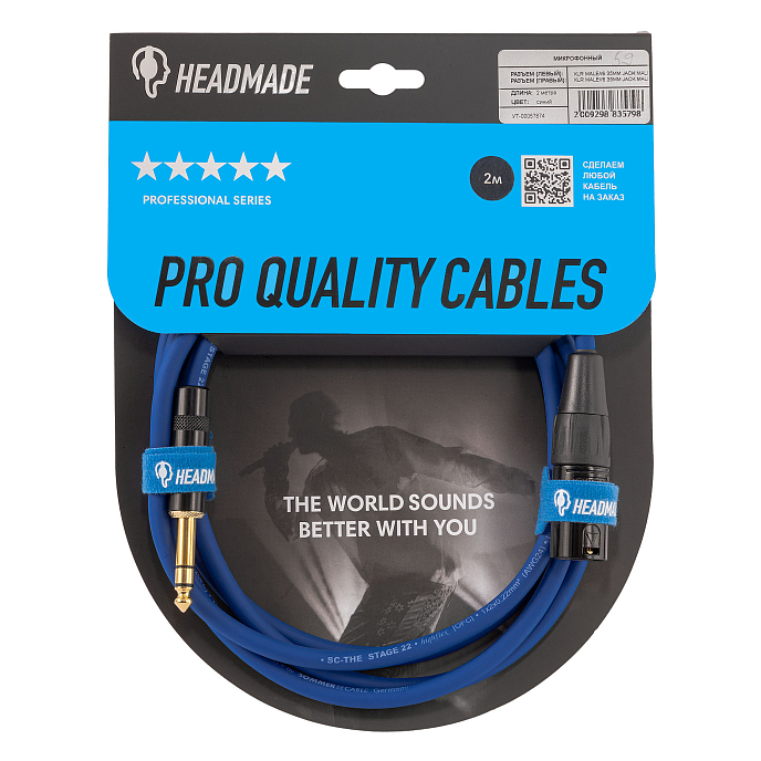 Кабель HeadMade Pro XLR-M - 6.3mm stereo Blue 2m - рис.0