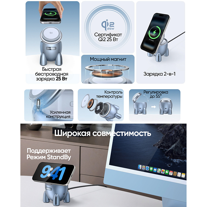 Зарядное устройство UGREEN W713 UNO 2-in-1 Silvery Blue - рис.4