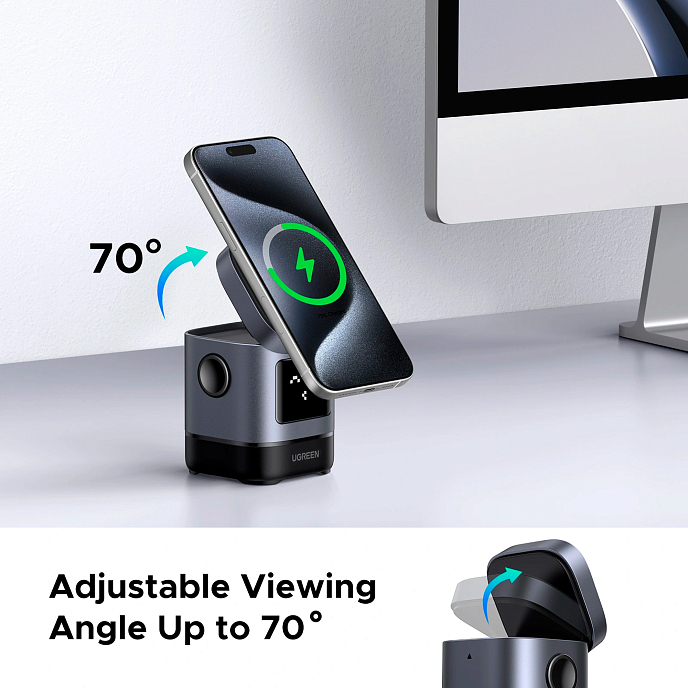 Зарядное устройство UGREEN W709 UNO 2-in-1 Robot Magnetic 20W for iPhone/AirPods Grey - рис.4