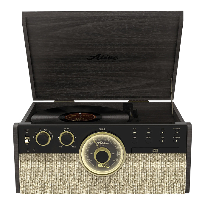 Проигрыватель винила Alive Audio Great Gatsby dark wood виниловый проигрыватель c bluetooth, cd, fm-радио, кассетник_OpenBox - рис.0