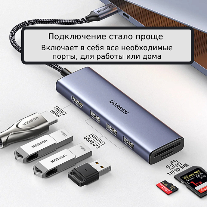 USB HUB Ugreen CM511 6-in-1 USB-C Grey Cosmo - рис.2