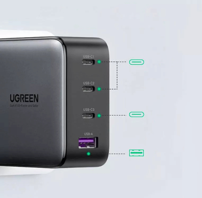 Сетевое зарядное устройство Ugreen CD226 (90575) USB-A + 3USB-C 100W Grey - рис.1