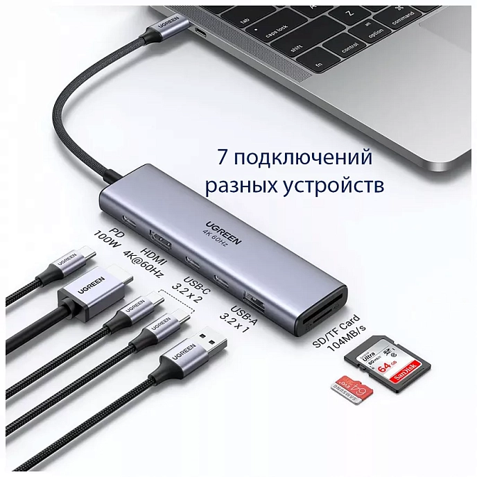 Конвертер Ugreen CM511 7-in-1 USB-C Grey - рис.1