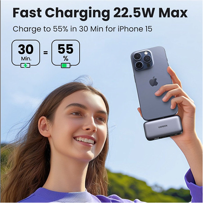 Внешний аккумулятор Ugreen PB503 5000mAh Mini USB-C Power Bank PD 20W grey внешний портативный аккумулятор_OpenBox - рис.1