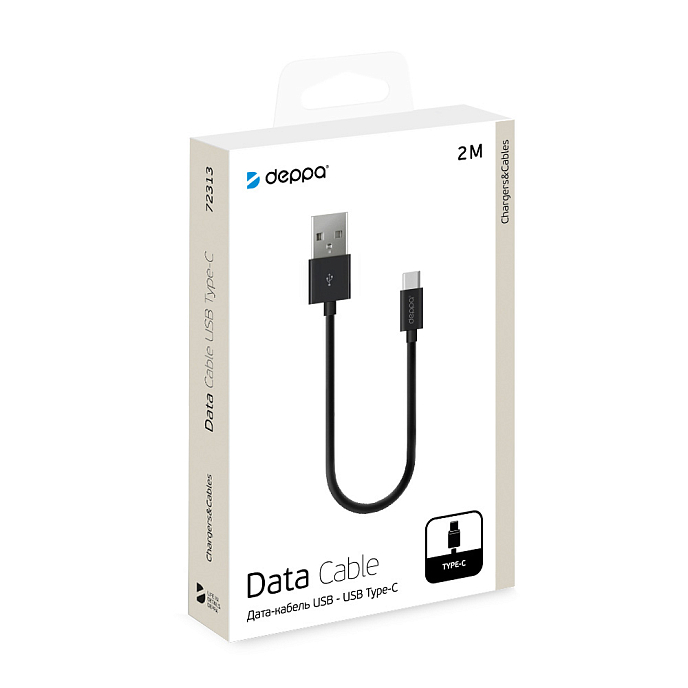 Кабель Deppa USB-A-USB-C 2.4A 2m Black - рис.1